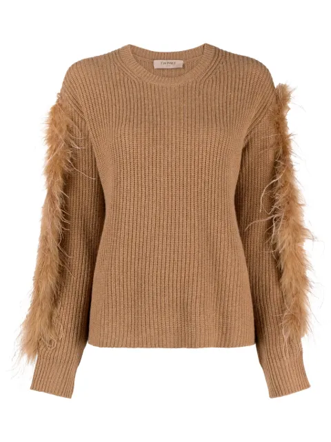 TWINSET feather-trim ribbed-knit jumper Brown 232TT3330