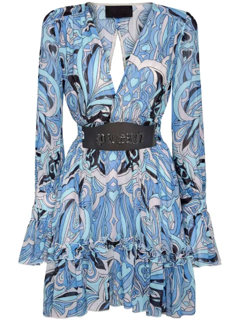 Philipp Plein graphic-print long-sleeved minidress Blue SADCWRG2866PTE048N