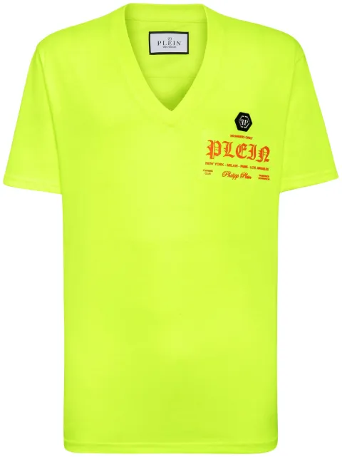 Philipp Plein logo-print V-neck T-shirt Yellow SADCMTK7147PJY002N