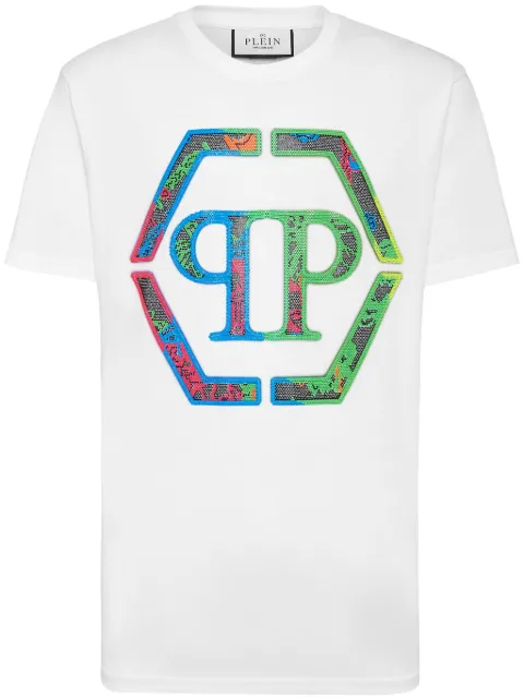 Philipp Plein logo crystal-embellished cotton T-shirt White SADCMTK6811PJY002N