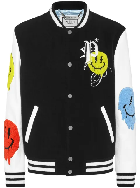 Philipp Plein Smile-appliqué varsity jacket Black SADCMLB1835PTE120N