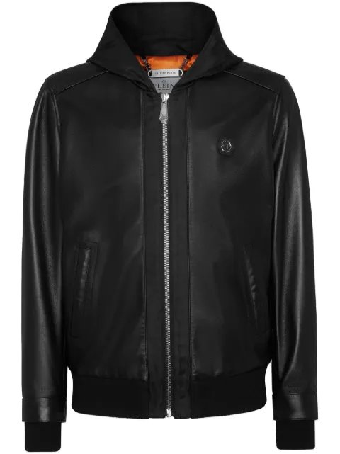 Philipp Plein leather and satin hooded bomber jacket Black SADCMLB1813PLE005N