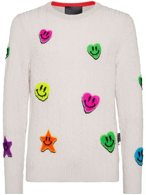 Philipp Plein appliqué cable-knit jumper White SADCMKO1329PKN002N