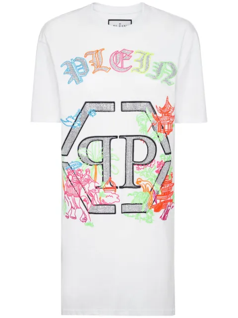 Philipp Plein logo-embellished embroidered T-shirt dress White SADCWTG0525PJY002N