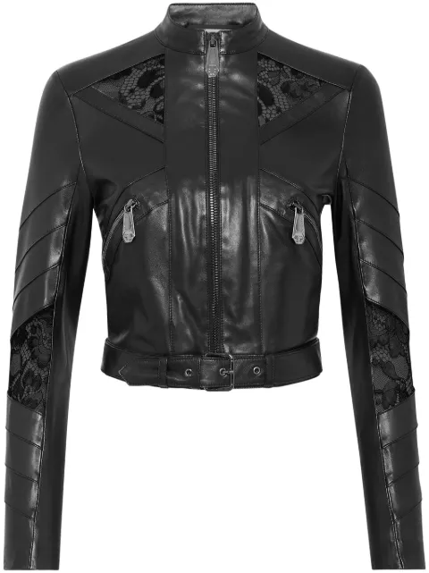 Philipp Plein lace-embellished leather jacket Black SADCWLB1046PLE010N