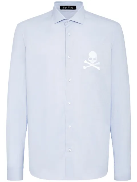 Philipp Plein Sugar Daddy skull-embroidered cotton shirt Blue SADCMRP2121PTE003N
