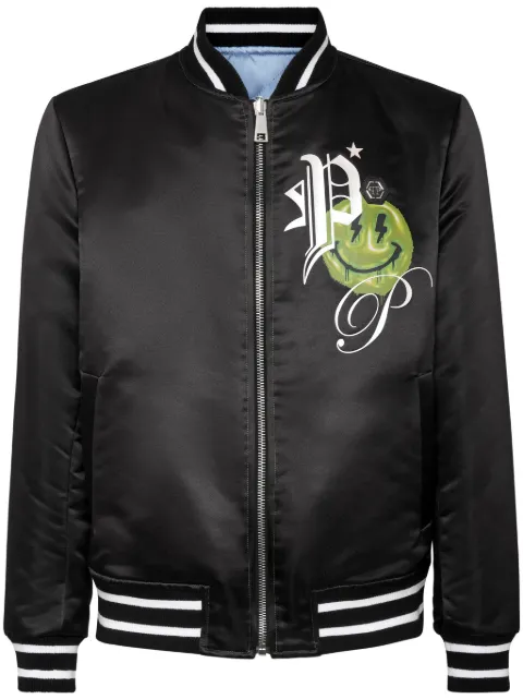 Philipp Plein logo-print satin-finish reversible bomber jacket Blue SADCMRB2404PTE003N