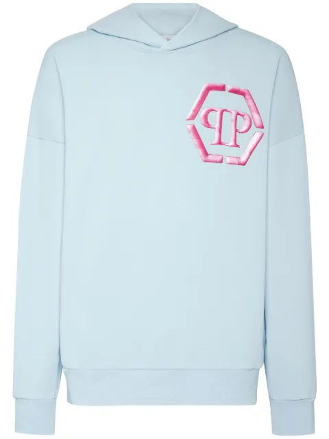 Philipp Plein logo-embroidered cotton hoodie Blue SADCMJB3192PJO002N