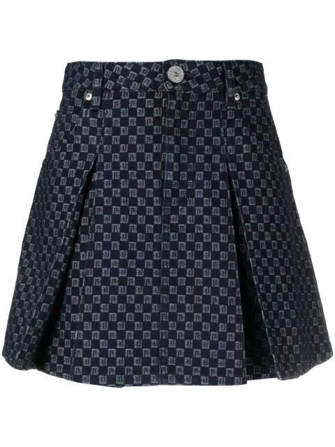 Balmain pleated monogram-jacquard denim miniskirt Blue BF0LB902DD80