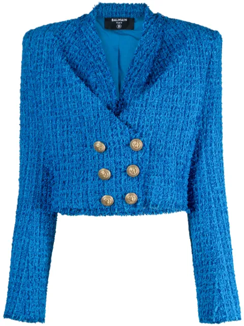 Balmain double-breasted cropped tweed jacket Blue BF0SD075XF91