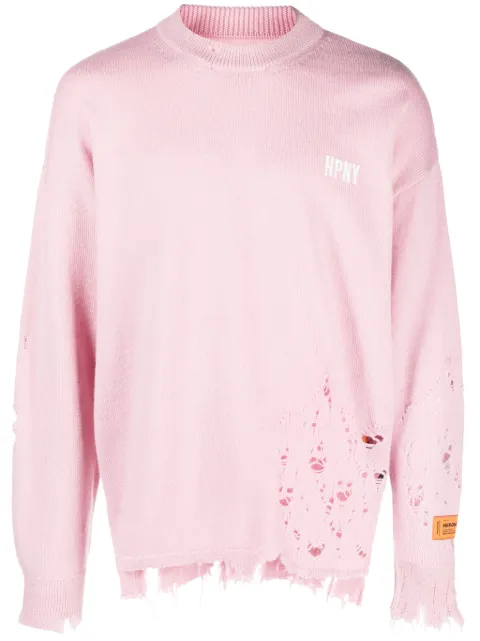 Heron Preston logo-embroidered ripped wool jumper Pink HMHE011F23KNI001