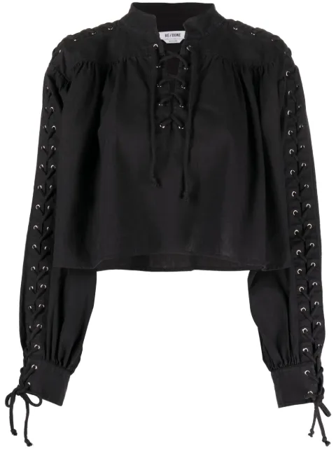 RE/DONE Pirate lace-up linen-blend blouse Black 58901WLACESH