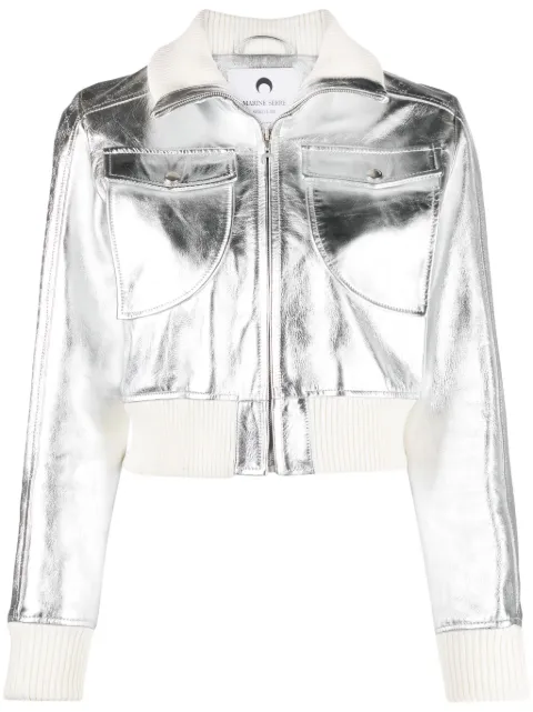 Marine Serre Moonogram-pattern laminated leather jacket Silver WJA042CLEA0027