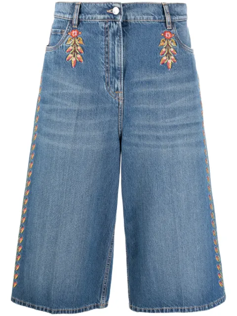 ETRO floral-embroidered wide-leg denim culottes Blue 118249572