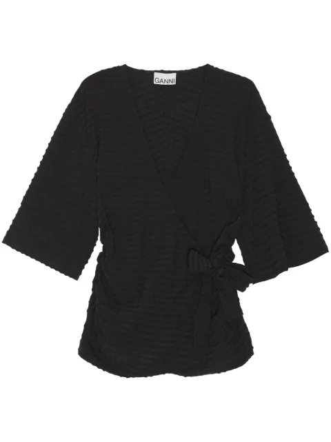 GANNI V-neck seersucker tied blouse Black F8300