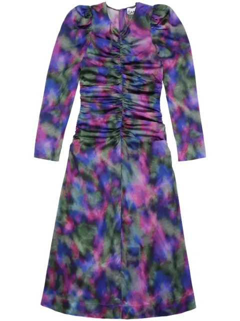 GANNI graphic-print gathered dress Blue F8250