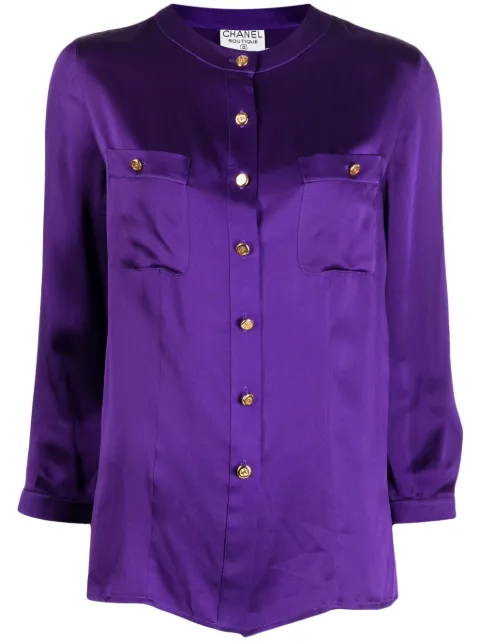 CHANEL Pre-Owned 1990-2000 logo-buttons collarless silk shirt Purple 262678314A48