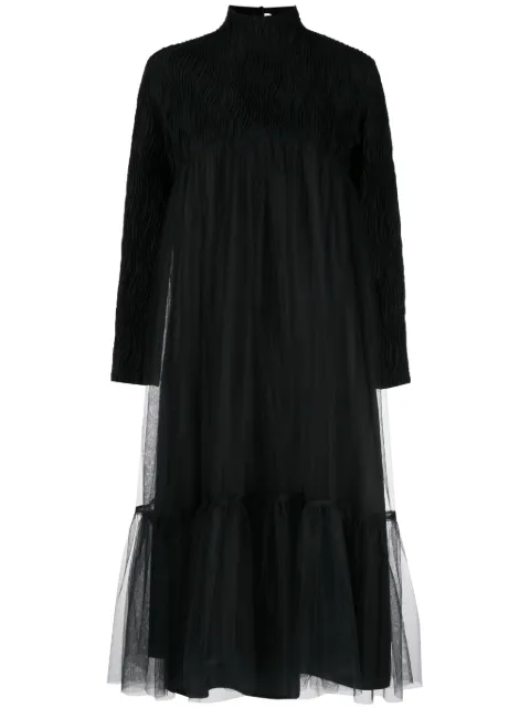 Noir Kei Ninomiya high-neck tulle-overlay midi dress Black 3LO008