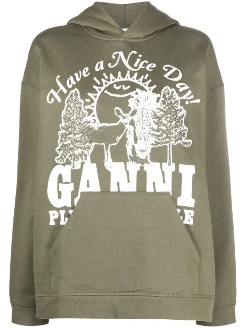 GANNI logo-print organic cotton hoodie Green T3652