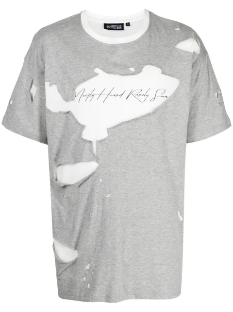 Mostly Heard Rarely Seen logo-print ripped-detail T-shirt Grey MH02BDT01