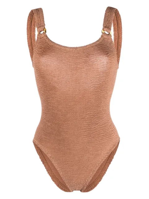 Hunza G Domino scoop-neck crinkled swimsuit Brown DOMINOSWIMMMETALLICCRINKLE