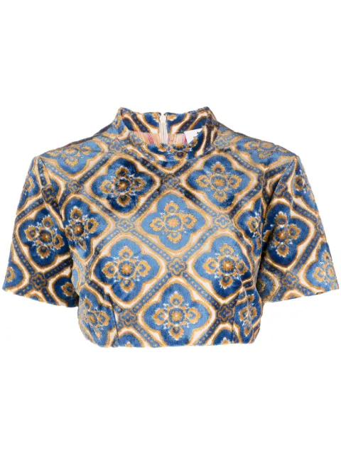 ETRO abstract-print velvet crop top Blue 117780563