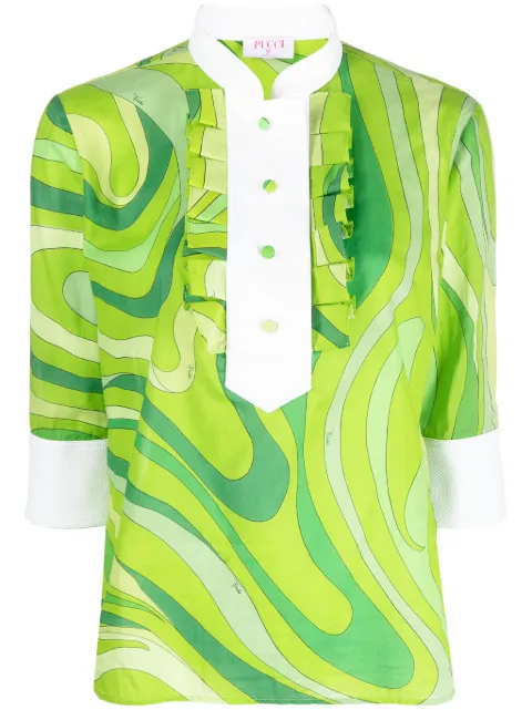 PUCCI Marmo-print pleated cotton shirt Green 3RRM653R764