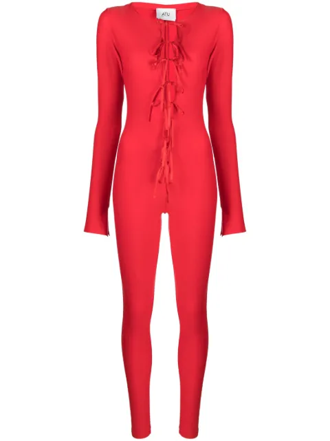 Atu Body Couture tie-fastening satin-finish catsuit Red AT24015