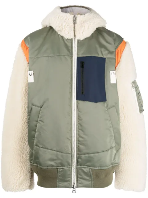 sacai colour-block zip-up hooded jacket Green 2303220M