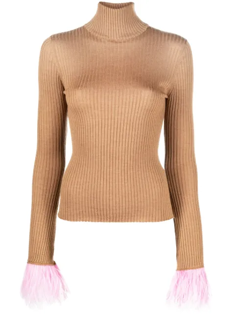 La DoubleJ feather-cuff ribbed-knit jumper Brown PUL0167KNI091VA194BR04