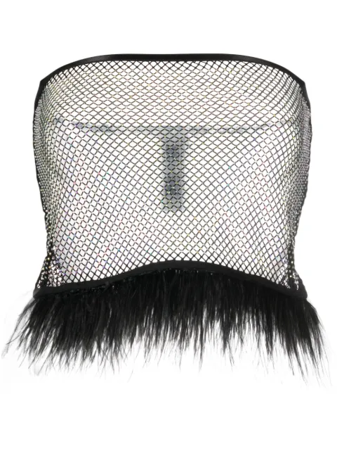 Patrizia Pepe feather-trim rhinestone mesh top Black 2M4337A9U8