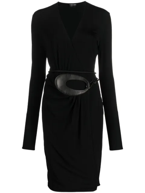 TOM FORD belted-waist V-neck dress Black ABJ731JEX019
