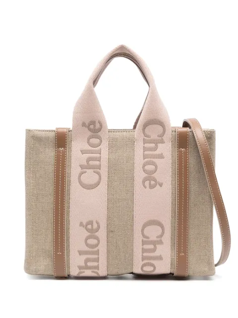 Chloé small Woody linen tote bag Neutrals CHC23AS397L17