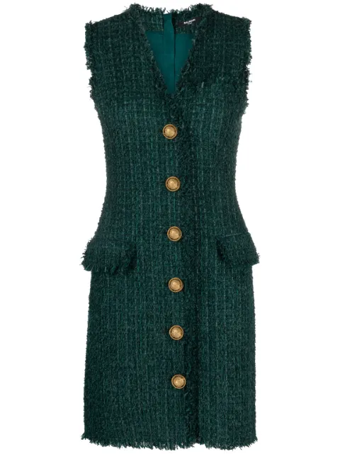 Balmain V-neck buttoned tweed minidress Green BF1R5533XF91