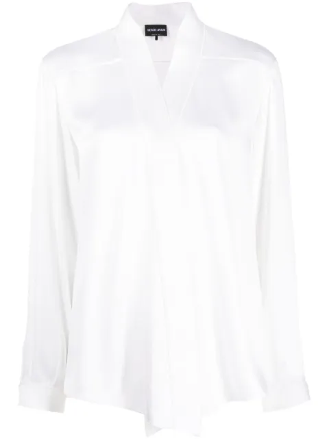 Giorgio Armani V-neck long-sleeves silk shirt White 3WHCC085T02AT