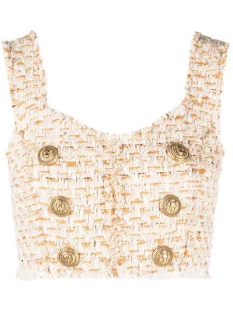 Balmain button-embellished tweed cropped top White AF0AB326CD62