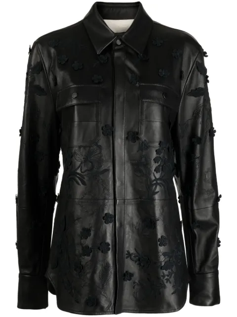 Elie Saab floral-embroidered leather shirt jacket Black 15356