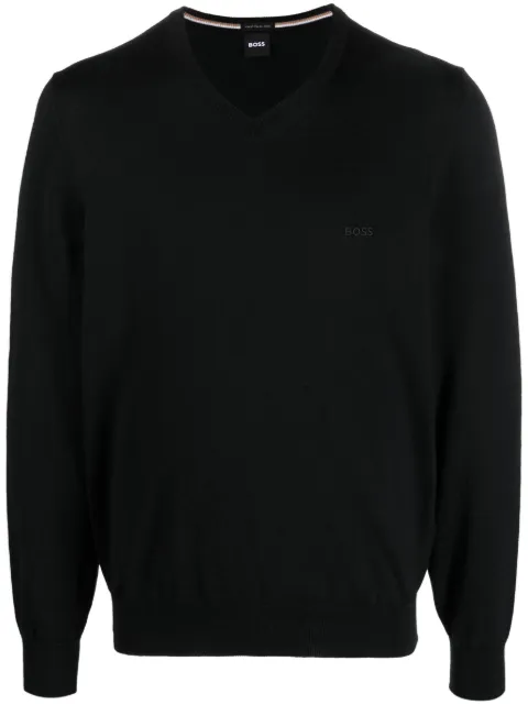 BOSS embroidered-logo V-neck jumper Black 50476363