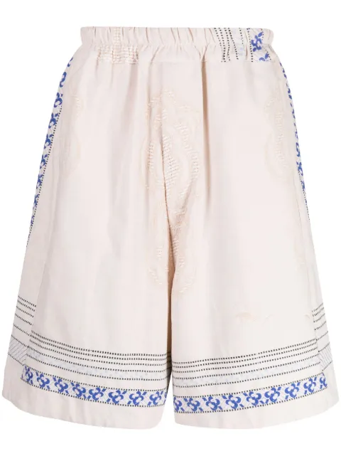 By Walid floral-embroidered linen drop-crotch shorts Neutrals 130204M