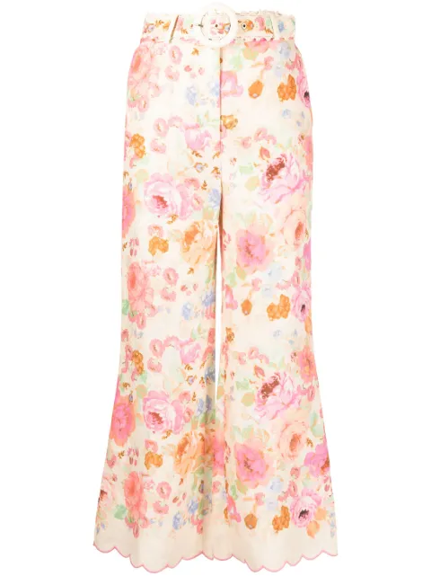 ZIMMERMANN Raie floral-print flared linen trousers Pink 7303PSS232
