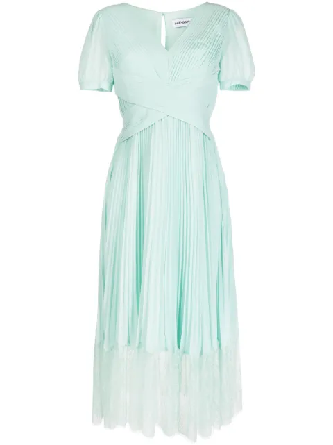 Self-Portrait pleated lace-trim midi dress Blue PF23079MBL