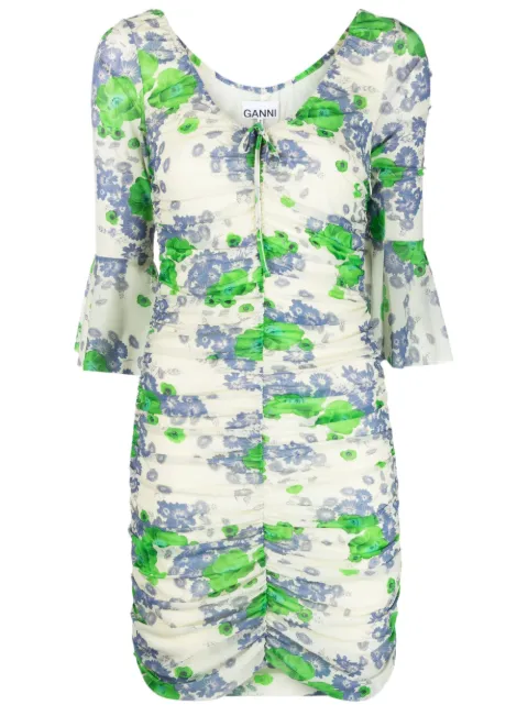 GANNI floral-print ruched minidress Neutrals T3498