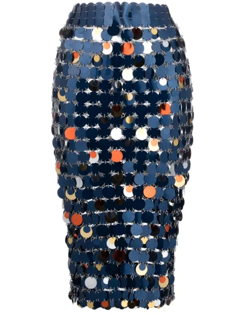 Rabanne paillette-chainmail pencil midi skirt Blue 23FIJU412PS0133