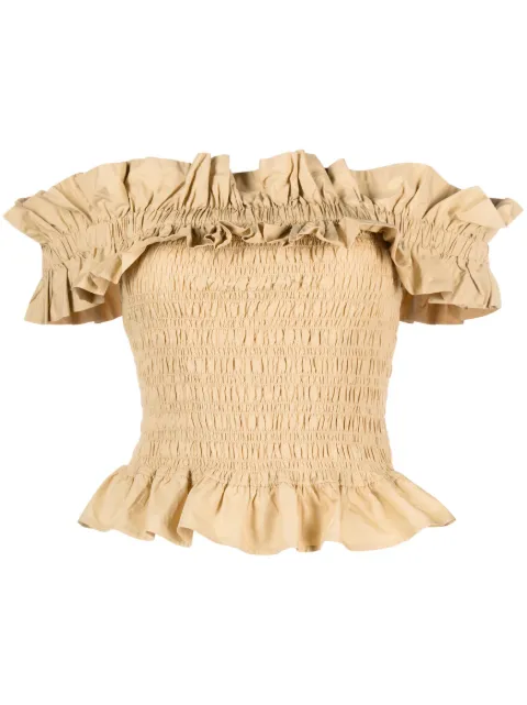 GANNI ruffled off-shoulder organic cotton top Brown F8185