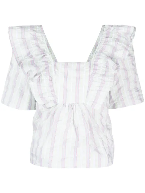 GANNI striped seersucker ruffle blouse White F8042