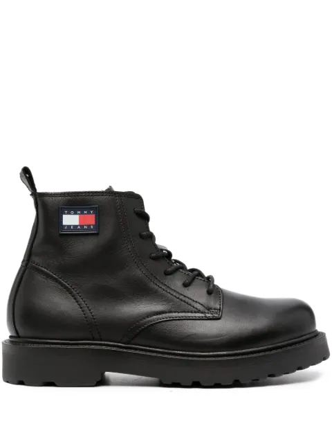 Tommy Jeans logo-patch lace-up leather boots Black EM0EM01276