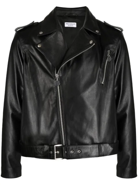 Honey Fucking Dijon slogan-print leather biker jacket Black HFD07J301