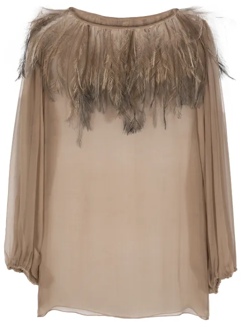Dolce & Gabbana Pre-Owned 2000s feather-trim silk blouse Brown DOG750RGB