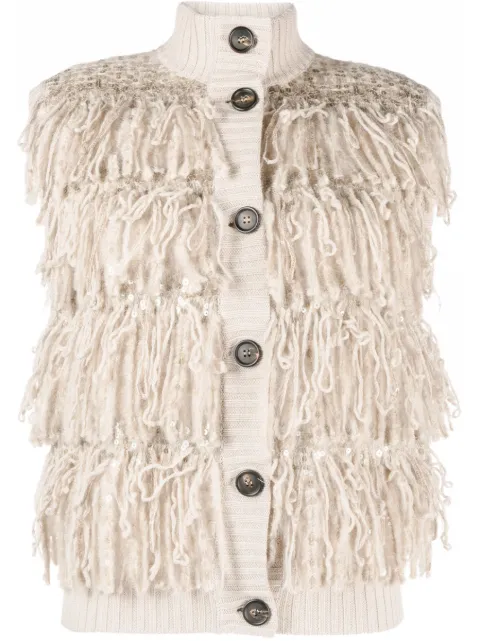 Brunello Cucinelli fringes sleeveless cardigan Neutrals MBBR03906CPJ89