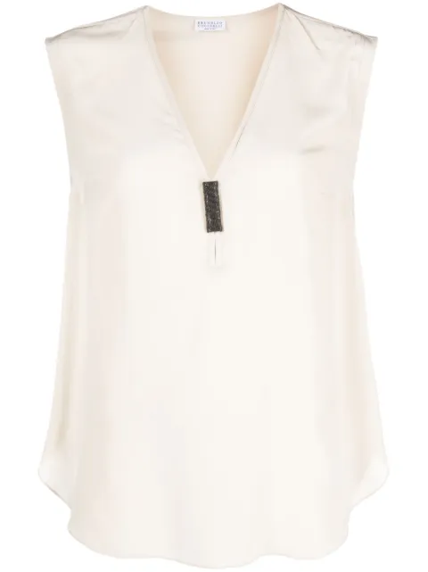 Brunello Cucinelli Monili-embellished sleeveless silk top Neutrals MB993BK142C8561